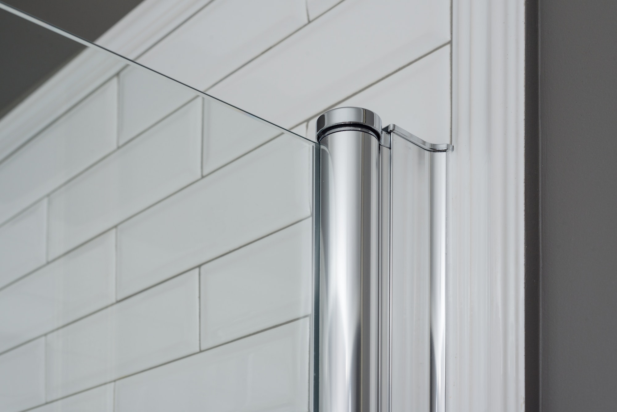 Close-up of glass curtain, shower panel in the bathroom interior. Interior details close-up